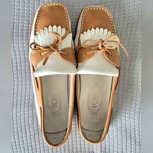 Tods Leather Fringe Trim Accent Loafers